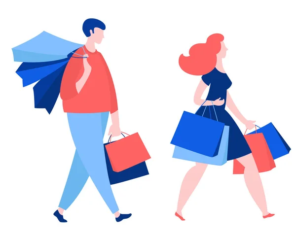 Donna e uomo che camminano con l'acquisto comprano sacchetti di carta. Sconto vendita estate Venerdì nero inizio  . — Vettoriale Stock