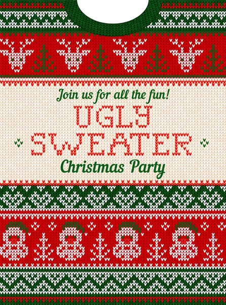 Ugly sweater Christmas party invite. Knitted background pattern scandinavian ornaments. — Stock Vector