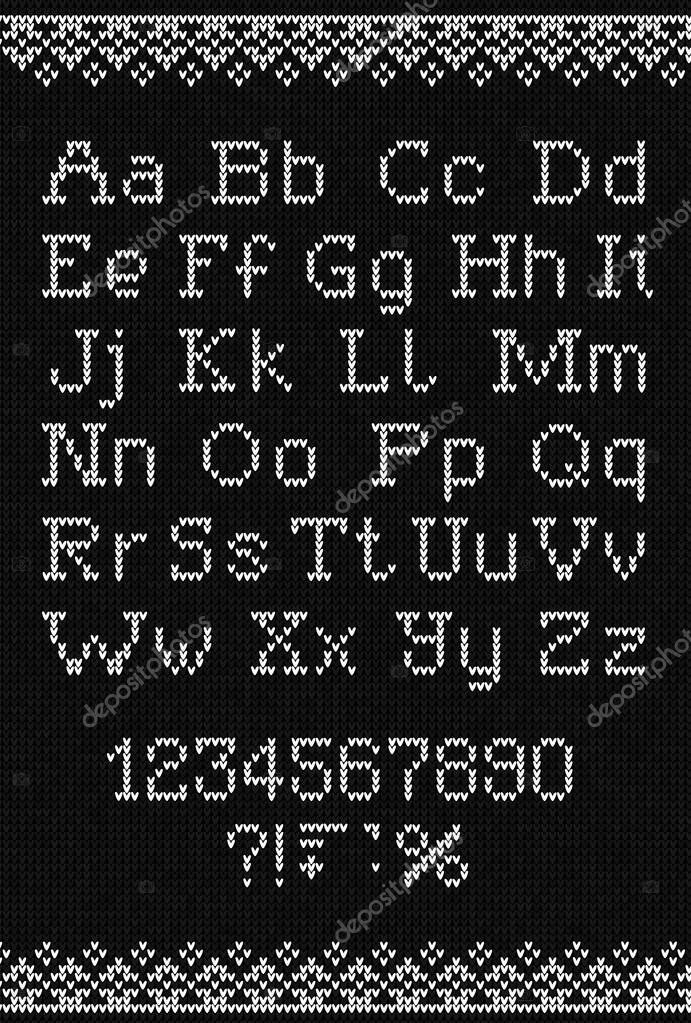 Ugly sweater Merry Christmas knit font alphabet ornament. Vector illustration Knitted background seamless pattern scandinavian dark ornament. Black and white monochrome knitting