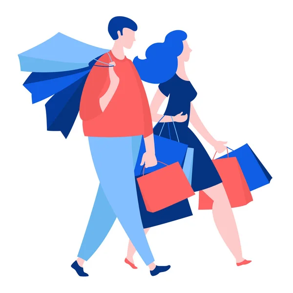 Donna e uomo che camminano con l'acquisto comprano sacchetti di carta. Sconto vendita estate Venerdì nero inizio  . — Vettoriale Stock