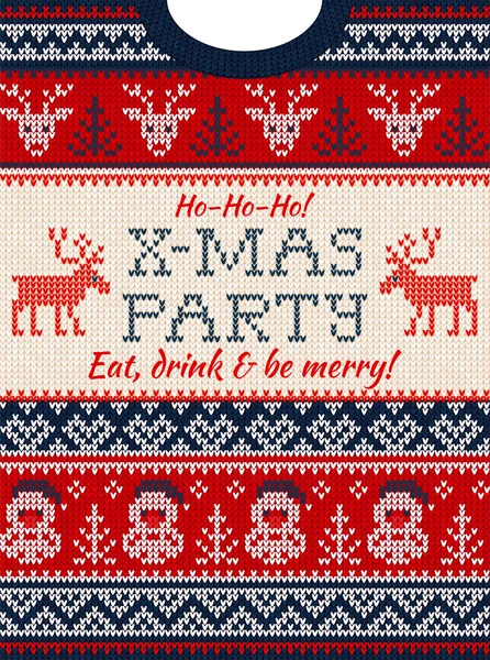 Ugly sweater Christmas party invite. Knitted background pattern scandinavian ornaments. — Stock Vector