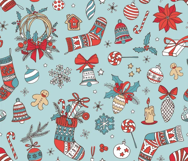 Merry Christmas Hand drawn doodle seamless pattern background. — Stock Vector
