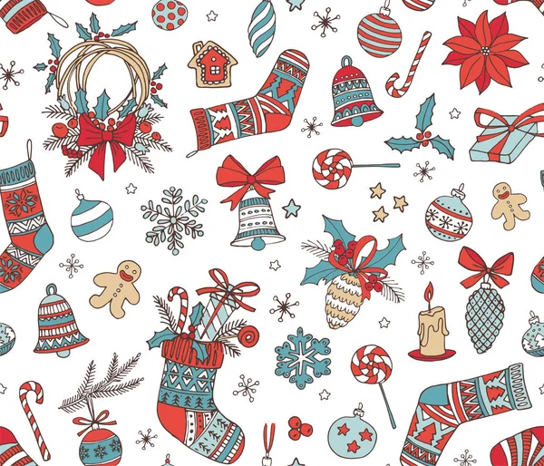 Joyeux Noël dessiné à la main doodle fond de motif sans couture . — Image vectorielle