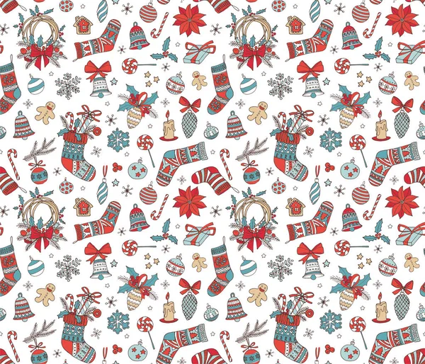 Feliz Navidad dibujado a mano doodle sin costuras patrón de fondo . — Vector de stock