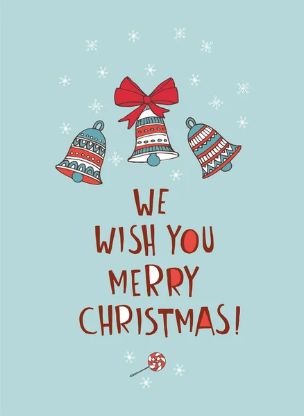 Buon Natale scarabocchio sfondo biglietto di auguri. Calzini, campane, fiocchi di neve, decorazioni e regali . — Vettoriale Stock