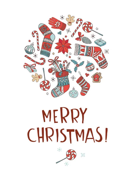 Joyeux Noël doodle fond de carte de voeux. Chaussettes, cloches, flocons de neige, décoration et cadeaux . — Image vectorielle