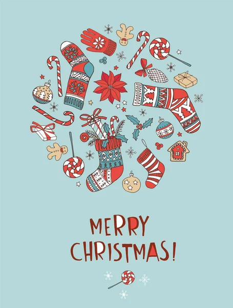 Joyeux Noël doodle fond de carte de voeux. Chaussettes, cloches, flocons de neige, décoration et cadeaux . — Image vectorielle