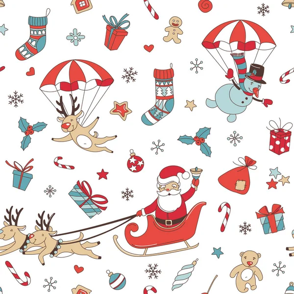 Merry Christmas doodle seamless pattern background. Santa Claus with deers and snowman, decoration and presents. — Stock Vector