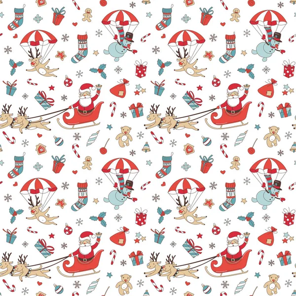 Feliz Navidad doodle sin costuras patrón de fondo. Santa Claus con ciervos y muñeco de nieve, decoración y regalos . — Archivo Imágenes Vectoriales