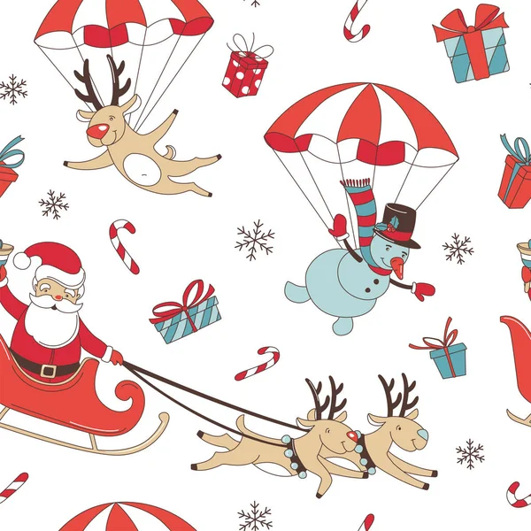 Frohe Weihnachten kritzeln nahtlose Muster Hintergrund. Weihnachtsmann mit Hirschen und Schneemann, Dekoration und Geschenke. — Stockvektor