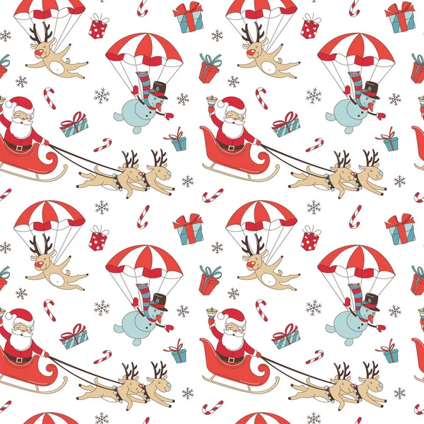 Feliz Navidad doodle sin costuras patrón de fondo. Santa Claus con ciervos y muñeco de nieve, decoración y regalos . — Vector de stock