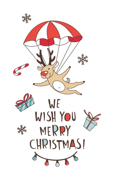 Buon Natale scarabocchio senza soluzione di continuità modello di sfondo. Babbo Natale con cervi e pupazzo di neve, decorazione e regali . — Vettoriale Stock