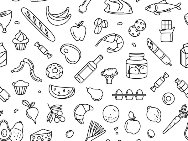 Patrón sin costura supermercado grosery almacenar alimentos, bebidas, verduras, frutas, pescado, carne, lácteos, dulces — Archivo Imágenes Vectoriales