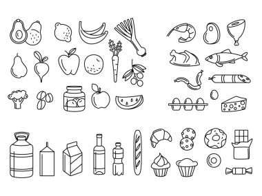 Linear icons supermarket grosery store food, drinks, vegetables, fruits, fish, meat, dairy, sweets clipart