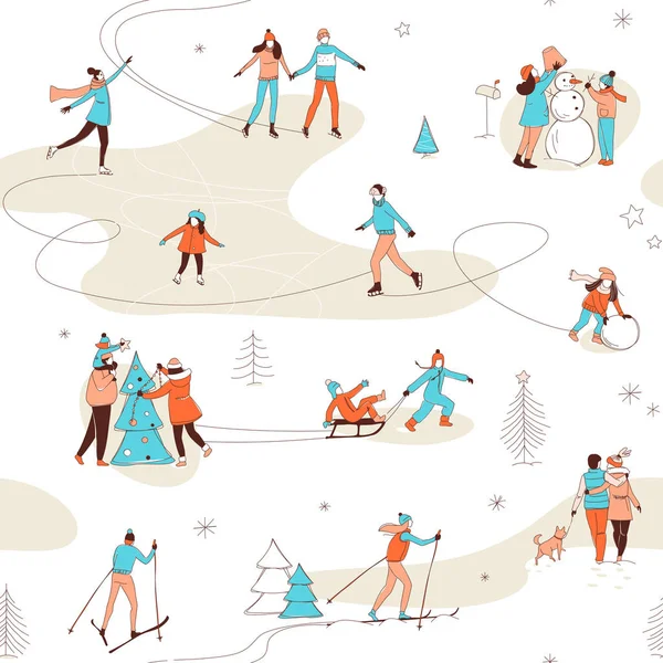 Winter sportactiviteiten naadloze patroon achtergrond. Kerstmis versieren skiën schaatsen Fun. — Stockvector