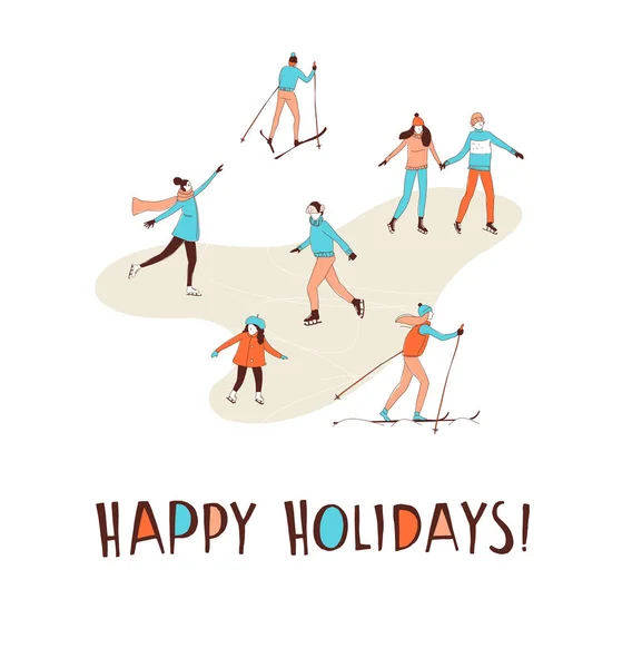 Winter sport activities Christmas greeting card. Happy Holidays — Stock Vector