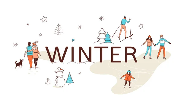 Personas niños caminando, patinando, esquiando, creando un muñeco de nieve. Actividades de invierno — Archivo Imágenes Vectoriales