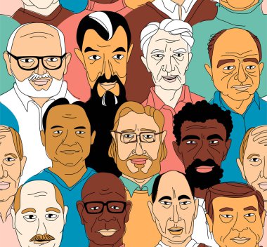 Senior men's head portraits grunge line drawing set doodle poster clipart