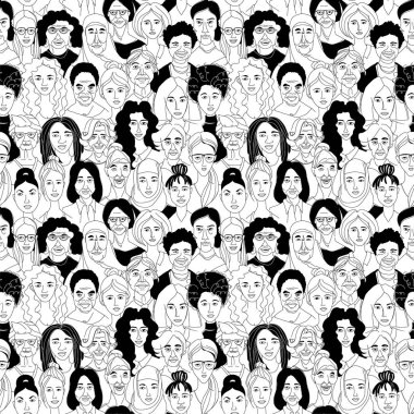 Women's diversity head portraits line drawing doodle poster seamless pattern clipart