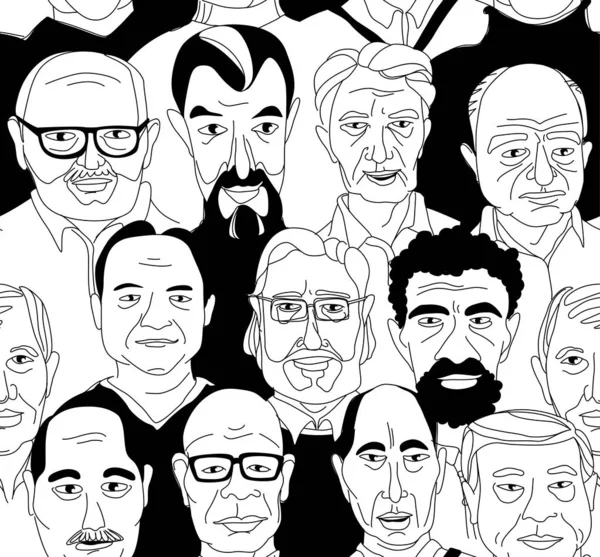 Senior mężczyzn głowa portrety grunge linia rysunek zestaw plakat doodle — Wektor stockowy