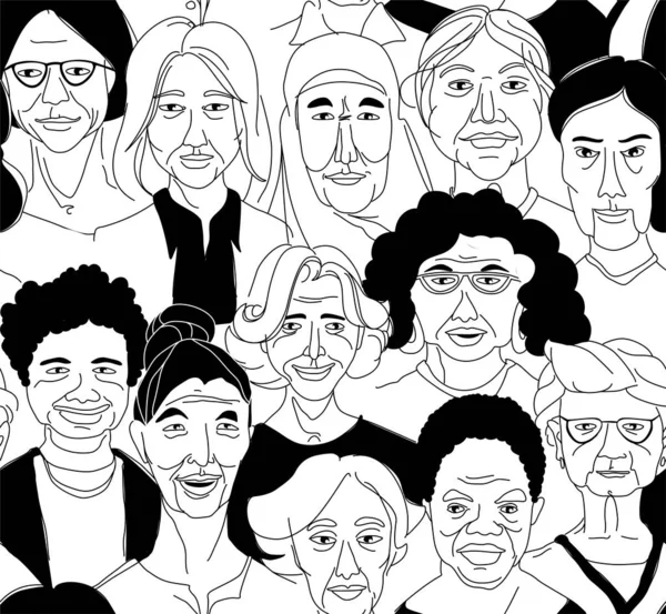 Senior Kobiety głowa portrety grunge linia rysunek zestaw plakat doodle — Wektor stockowy