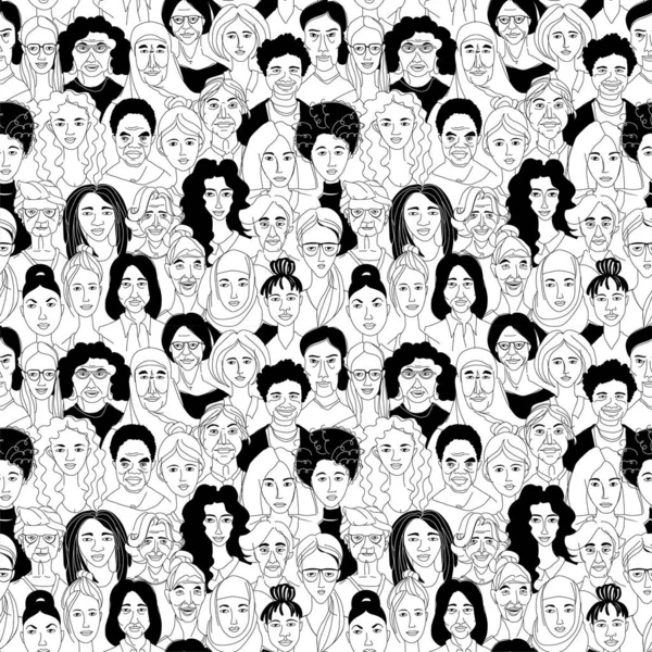 女子多样性头像线条画涂鸦海报无缝图案 — 图库矢量图片