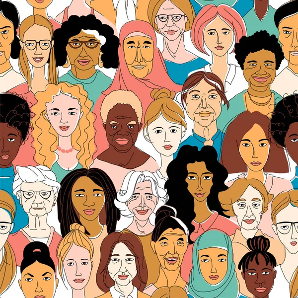 Diversidad de las mujeres cabeza retratos línea dibujo doodle cartel patrón sin costuras — Vector de stock