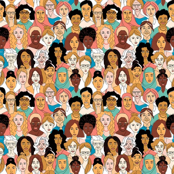 Diversidad de las mujeres cabeza retratos línea dibujo doodle cartel patrón sin costuras — Vector de stock