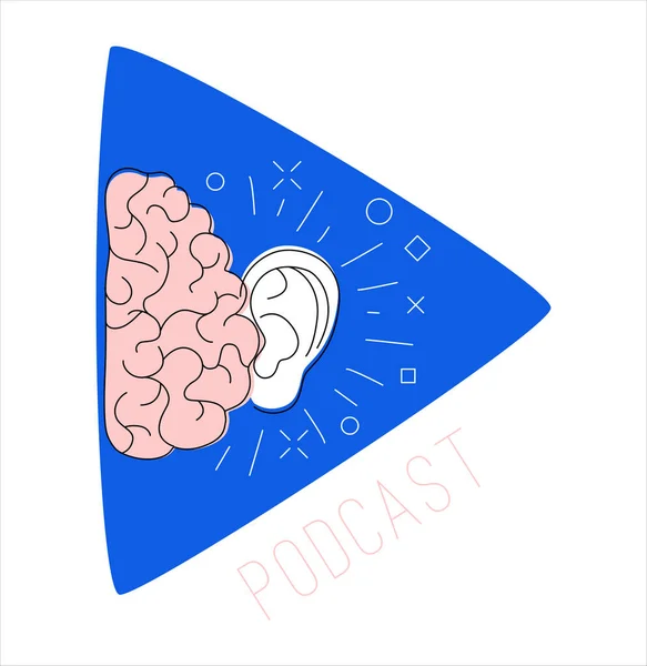 Logo Transmissão Rádio Podcast Cérebro Humano Ouvido Fundo Botão Azul —  Vetores de Stock
