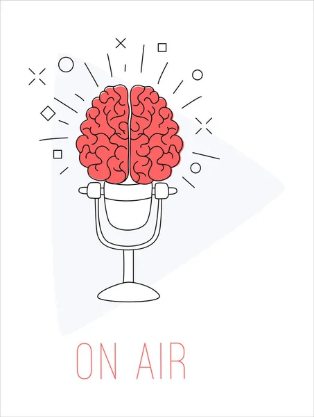 Logo Trasmissione Radiofonica Podcast Cervello Umano Con Microfono Sullo Sfondo — Vettoriale Stock
