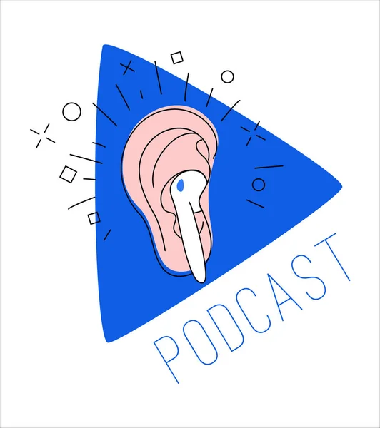 Logo Trasmissione Radiofonica Podcast Auricolare Umano Blu Giocare Sfondo Pulsante — Vettoriale Stock
