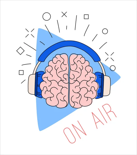Logotipo Para Transmissão Rádio Podcast Cérebro Humano Com Fones Ouvido — Vetor de Stock