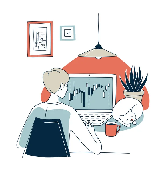 Trading Exchange Home Office Handelaar Werkplek Vector Illustratie Doodles Dunne — Stockvector