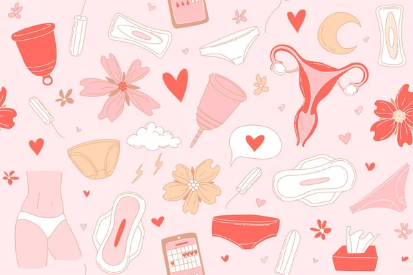 Dámské Hygienické Potřeby Pro Menstruační Spodky Podložky Tampóny Menstruační Kelímek — Stockový vektor