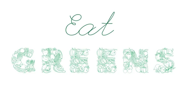 Lettering Eat Greens Logotipo Patrón Granja Comestibles Frutas Verduras Frescas — Vector de stock