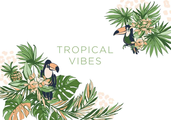 Vector Illustratie Tropische Bloemen Zomer Feest Poster Palmstrand Banaan Monstera — Stockvector