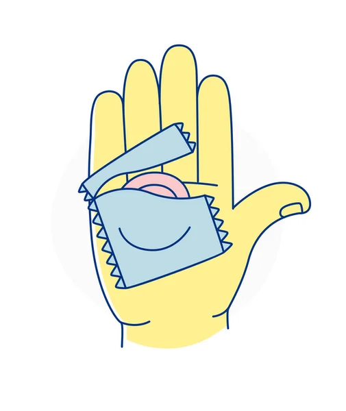 性的健康 安全なセックス教育ポスターバナーアイコン 手を握るコンドーム ベクトルイラストドッドル ラインアートスタイルデザイン — ストックベクタ