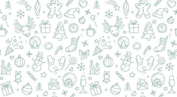 メリークリスマスハッピー新年シームレスな背景パターン ベクトルイラストのドッドル 細い線画のアイコンスタイルのコンセプト — ストックベクタ