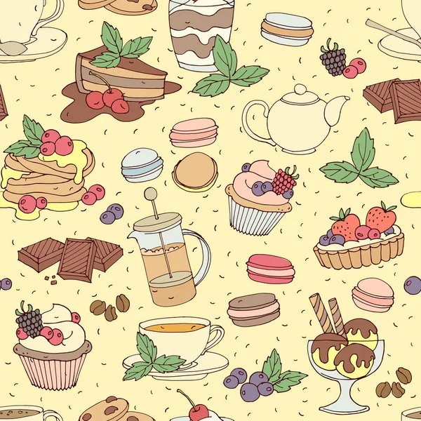 Nahtloses Muster Mit Frischen Desserts Kaffee Tee Beeren Eis Cupcakes — Stockvektor
