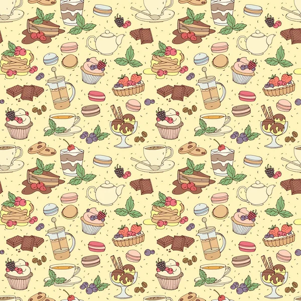 Seamless Pattern Fresh Desserts Coffee Tea Berry Ice Cream Cupcakes — Stock Vector