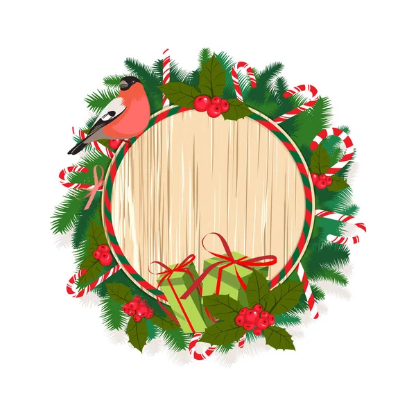 ベクトルイラストお菓子 ベリー ブルフィンチの鳥 レタリング 木の質感の背景とメリークリスマスツリー花輪ガーランド — ストックベクタ