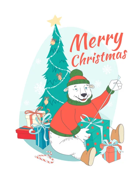 矢量插图圣诞快乐贺卡可爱的北极熊头戴针织毛衣帽在圣诞树下打开礼物 手绘扁平涂鸦风格 — 图库矢量图片