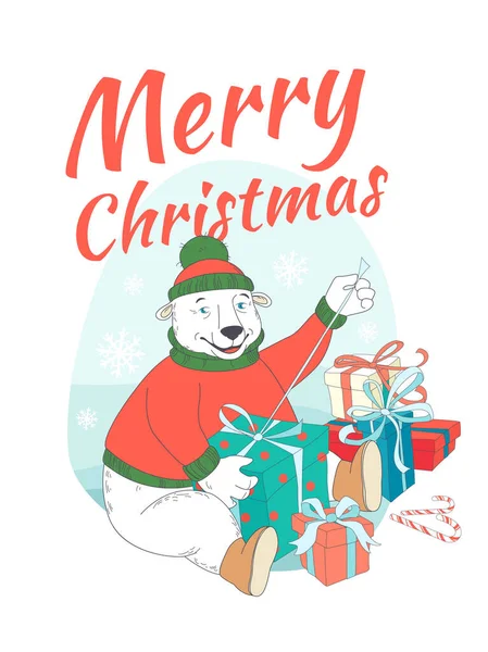 Ilustración Vectorial Feliz Navidad Tarjeta Felicitación Lindo Oso Polar Con — Vector de stock