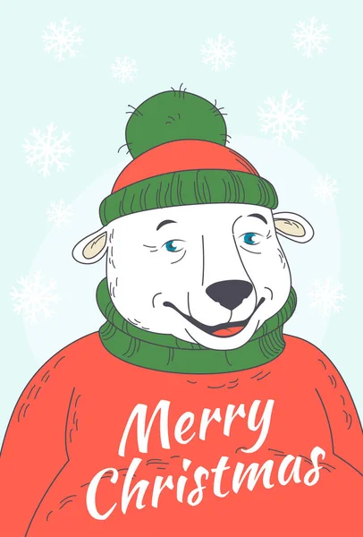 Vector Illustration Cute Merry Christmas Greeting Card Polar Bear Wearing — Stock Vector