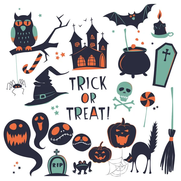 Χαρούμενο Halloween Vector Εικονογράφηση Σετ Εικόνων Για Ευχετήρια Κάρτα Κολοκύθας — Διανυσματικό Αρχείο