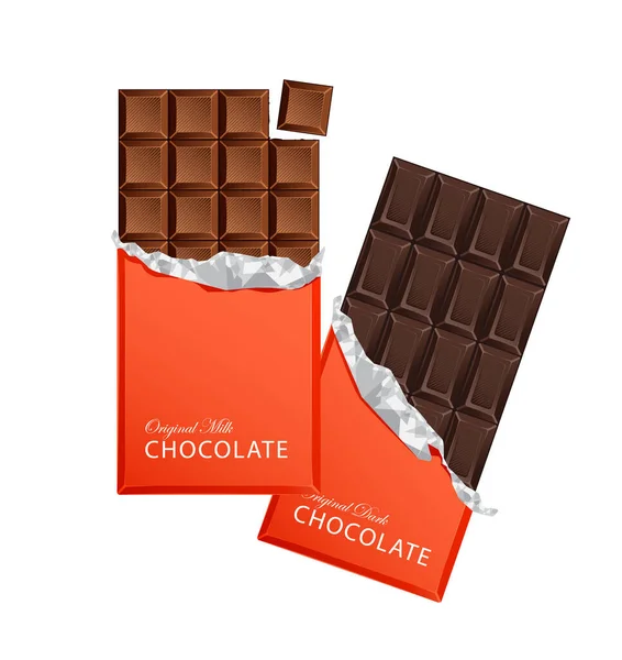 Barras Chocolate Escuras Doces Leite Embalagens Barras Vintage Com Papel — Vetor de Stock