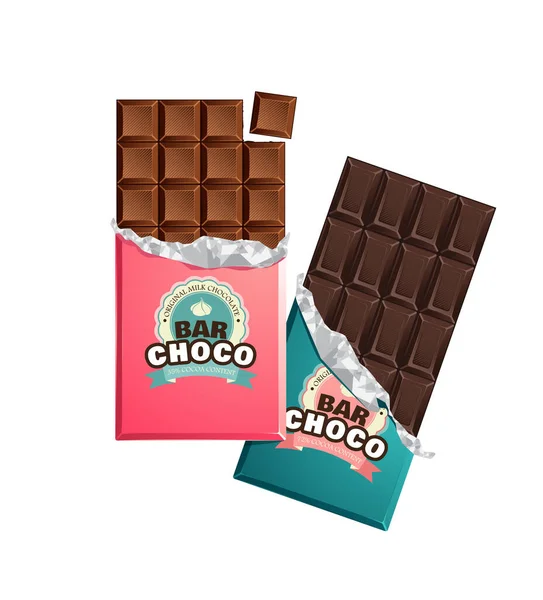 Chocoladerepen Met Donkere Melkchocolade Vintage Barverpakkingen Met Folie Vectorillustratie — Stockvector