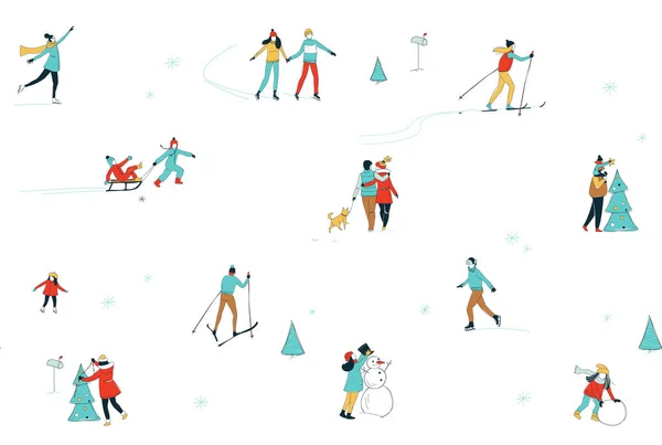 Decoratieve Vrouwen Mannen Kinderen Kinderen Winter Activiteiten Naadloze Patroon Achtergrond — Stockvector