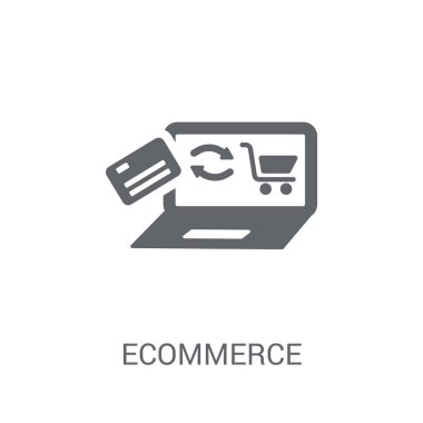 E-ticaret simgesi. E-ticaret ve ödeme koleksiyonundan beyaz arka plan üzerinde popüler e-ticaret logo kavramı. Web uygulamaları, mobil uygulamalar ve basılı medya kullanım için uygundur..