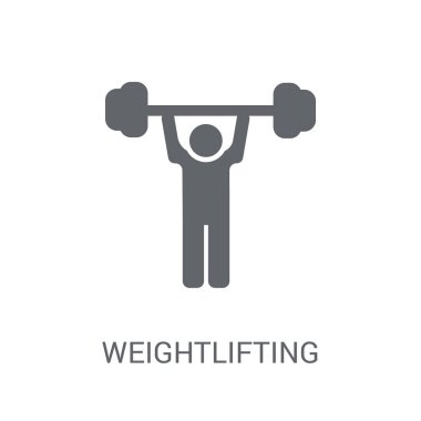 Halter simgesi. Spor salonu ve Fitness koleksiyonundan beyaz arka plan üzerinde trendy halter logo kavramı. Web uygulamaları, mobil uygulamalar ve basılı medya kullanım için uygundur..